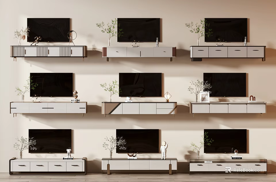Modern TV Stand Designs With White Storage And Decorative Plants For Living Room 3d model 