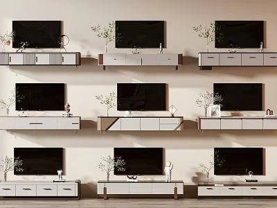 Modern TV Stand Designs With White Storage And Decorative Plants For Living Room 3d model