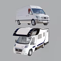 White Commercial Van and Modern Motorhome with Black Roof and Blue Stripes