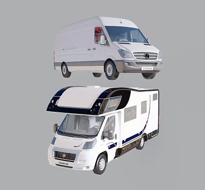 White Commercial Van and Modern Motorhome with Black Roof and Blue Stripes 3d model