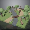 3D Natural Scene Design With Stream Wooden Bridge Trees Stones And Path