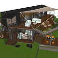 Modern Boutique Villa Architecture With Metal Glass Structure Canopy Roof Outdoor Stairs And Grassland Trees