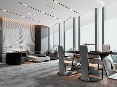 Modern Hotel Public Lounge Interior Design With Comfortable Sofas Large Windows And Stylish Lighting 3d model