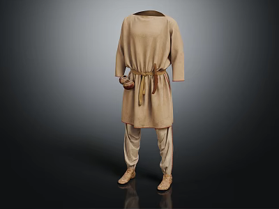 Loose Fit Beige Long Sleeve Robe With Belt And Matching Pants And Shoes 3d model