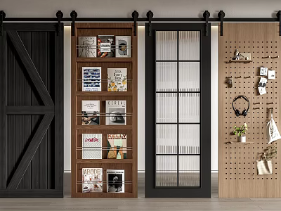 Various Style Barn Doors Featuring Wooden Slatted Glass Panel Grid Shelf Pegboard With Magazines Decor 3d model