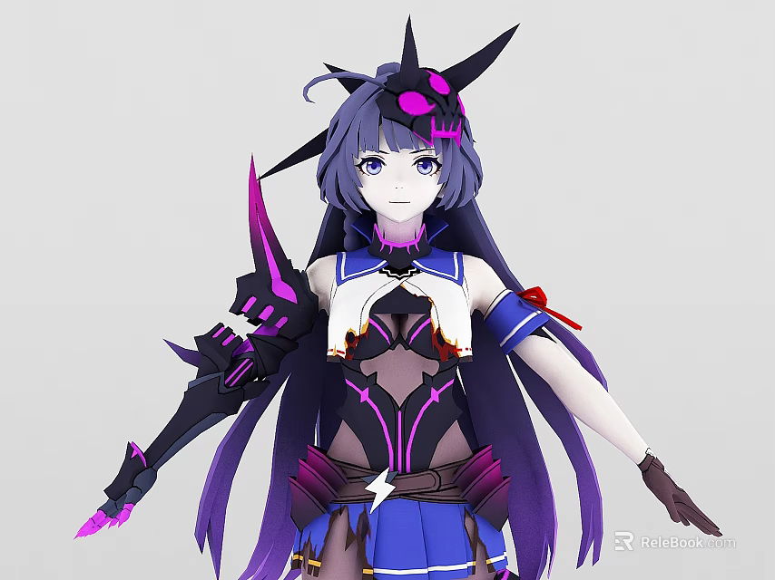 Tech Exhibition Hall Showcasing Futuristic Character Model with Purple Long Hair Spiked Headdress and Weapon 3d model 