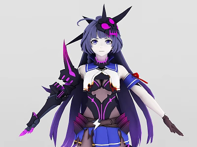 Tech Exhibition Hall Showcasing Futuristic Character Model with Purple Long Hair Spiked Headdress and Weapon 3d model
