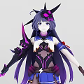 Tech Exhibition Hall Showcasing Futuristic Character Model with Purple Long Hair Spiked Headdress and Weapon