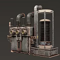 Vintage Industrial Mechanical Device With Metal Pipes Gauges And Cylindrical Container