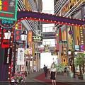 Hong Kong Style Commercial Street With Pink Dragon Decoration And Shoe Store Windows