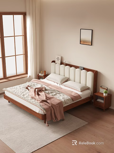 Cozy Bedroom Interior With Wooden Bed Soft Headboard Nightstand Plant And Window Curtains 3d model 