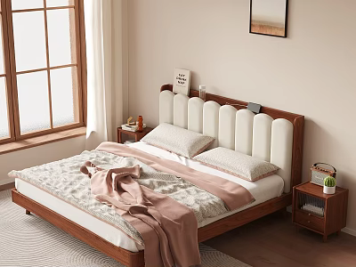 Cozy Bedroom Interior With Wooden Bed Soft Headboard Nightstand Plant And Window Curtains 3d model