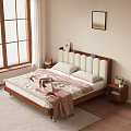 Cozy Bedroom Interior With Wooden Bed Soft Headboard Nightstand Plant And Window Curtains