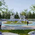 Scenic Park Landscape with Metal Deer Sculptures Green Lawns Purple Flowers Trees and Biking Paths