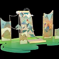 Chinese Traditional 3D Paper Artwork With Mountain Cloud Design And Green Base 3d model