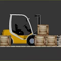 Yellow Forklift Transporting Wooden Crates On Tile Floor In Logistics Setting