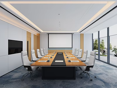 Modern Conference Room Interior With Long Table White Chairs Projection Screen And Large Windows 3d model