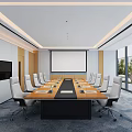 Modern Conference Room Interior With Long Table White Chairs Projection Screen And Large Windows