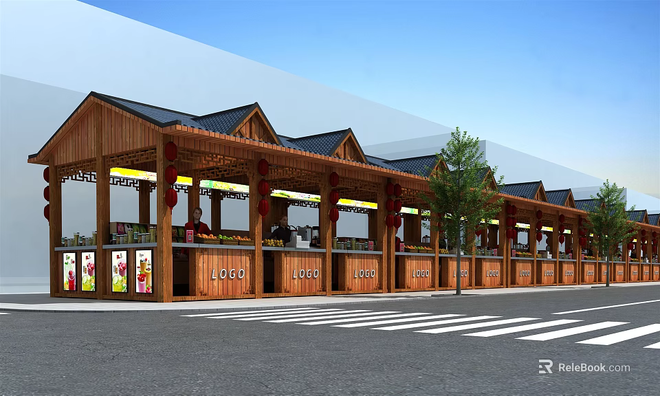 Traditional Commercial Street Featuring Wooden Storefronts Black Roofs Decorative Lights And Trees 3d model 