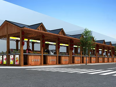 Traditional Commercial Street Featuring Wooden Storefronts Black Roofs Decorative Lights And Trees 3d model