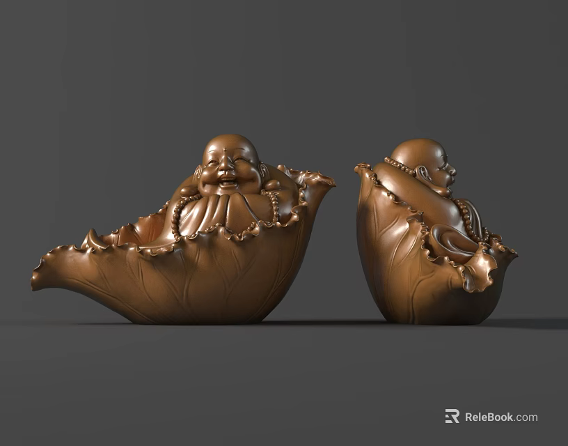 Two Golden Buddha Sculptures With Smiling Expressions And Lotus Leaf Bases 3d model 