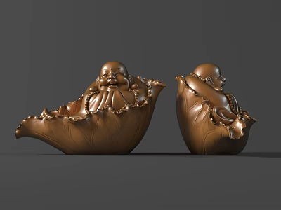 Two Golden Buddha Sculptures With Smiling Expressions And Lotus Leaf Bases 3d model