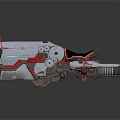 Futuristic Advanced Weapon With Silver Metallic Body And Red Mechanical Accents