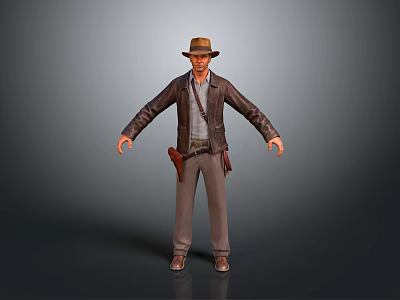 Brown Leather Jacket With Gray Shirt Brown Pants Hat And Holster Daily Use Items 3d model