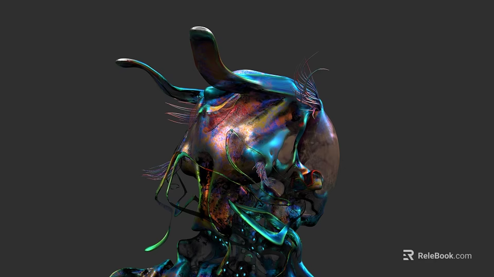 Futuristic Metallic Abstract Head Sculpture With Iridescent Colors And Complex Design 3d model 