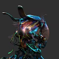 Futuristic Metallic Abstract Head Sculpture With Iridescent Colors And Complex Design