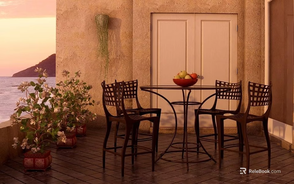 Outdoor Table With Chairs And Plants By Sunset Ocean View Patio 3d model 