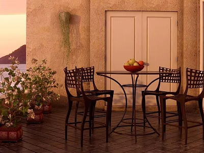 Outdoor Table With Chairs And Plants By Sunset Ocean View Patio 3d model