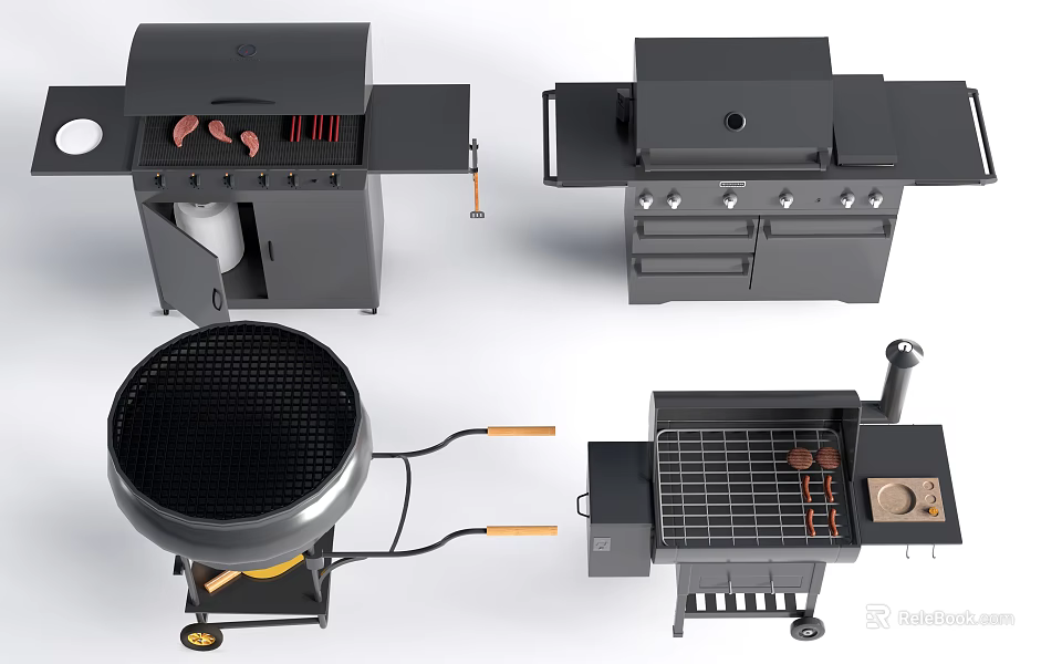 Different Types of Outdoor Barbecue Grills and Smokers with Side Tables and Storage 3d model 