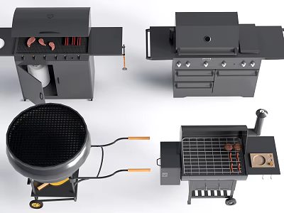 Different Types of Outdoor Barbecue Grills and Smokers with Side Tables and Storage 3d model