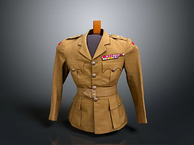 Brown military uniform jacket with epaulettes medals and ribbons pockets and belt on wooden hanger 3d model
