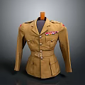 Brown military uniform jacket with epaulettes medals and ribbons pockets and belt on wooden hanger
