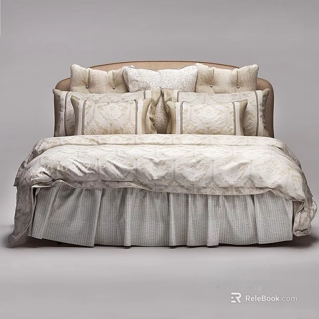 Elegant Double Bed Bedroom Interior With Upholstered Headboard Multiple Pillows And Patterned Bedspread 3d model 