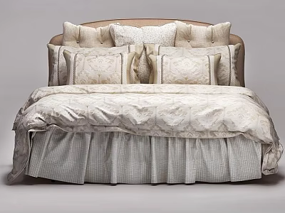 Elegant Double Bed Bedroom Interior With Upholstered Headboard Multiple Pillows And Patterned Bedspread 3d model