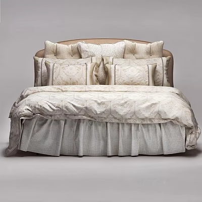 Elegant Double Bed Bedroom Interior With Upholstered Headboard Multiple Pillows And Patterned Bedspread 3d model
