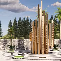 Golden Tall Sculpture with Palm Trees Pine Trees Stone Wall and Circular Pavement