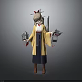 Anime Female Character Wearing Yellow Kimono Holding Mechanical Devices On Gray Background