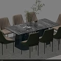 Modern Dining Table Set Rectangular Marble Top Light Beige Green Chairs Metal Legs Vase Tray 3d model