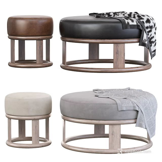 Brown Black Leather And Beige Grey Suede Round Stools With Wooden Base And Blanket 3d model 