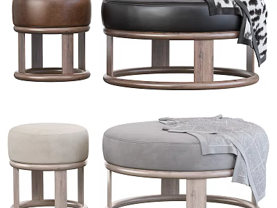 Brown Black Leather And Beige Grey Suede Round Stools With Wooden Base And Blanket 3d model