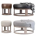 Brown Black Leather And Beige Grey Suede Round Stools With Wooden Base And Blanket