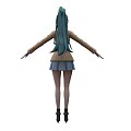 Woman with teal hair wearing beige coat white top blue skirt black boots arms outstretched