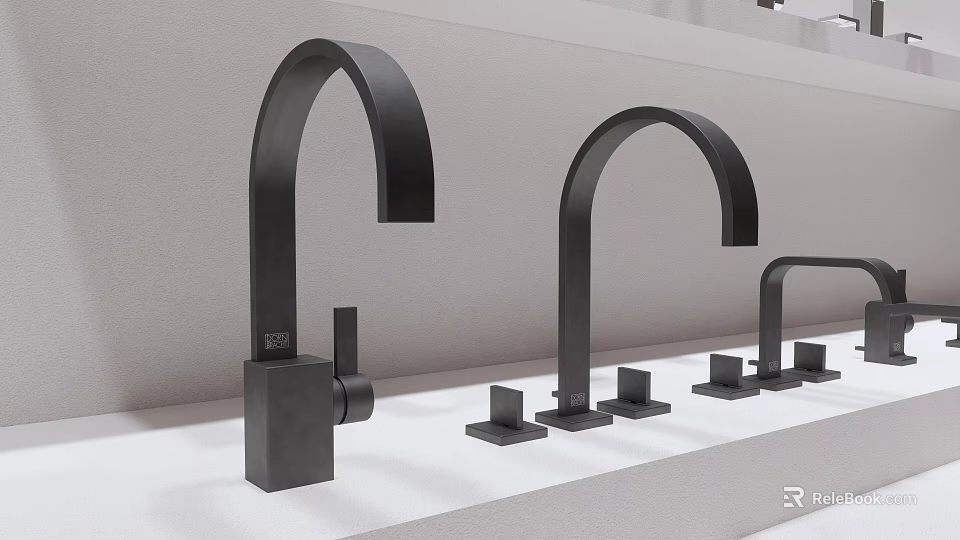 Black Modern Bathroom Faucet Set With Varied Curved Shapes And Sleek Design 3d model 