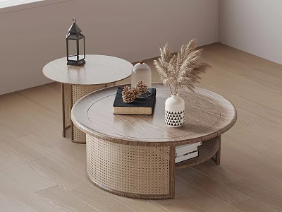 Round Coffee Tables With Rattan Detail Wooden Surface And Decorative Lantern Books Pine Cone Vase 3d model