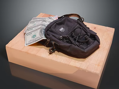 Black Canvas Small Backpack With US Dollar Bills On Wooden Platform 3d model