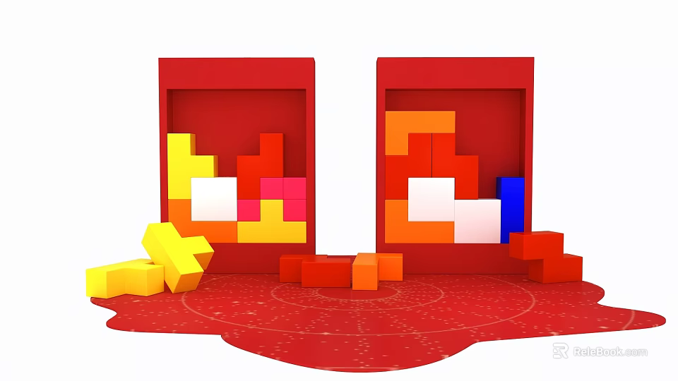 Interactive Zone With Red Frames Colorful Blocks And Scattered Pieces On Red Background 3d model 